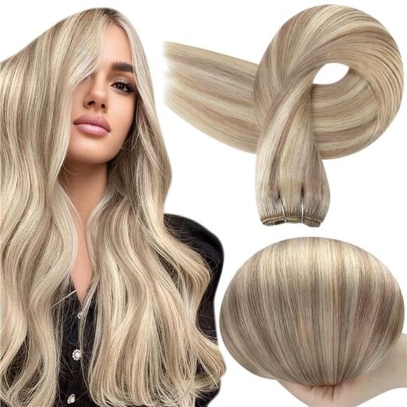 Full Shine Weft Hair Extensions Ash Blonde Hair Wefts Human Hair Sew in Blonde - Picture 1 of 16